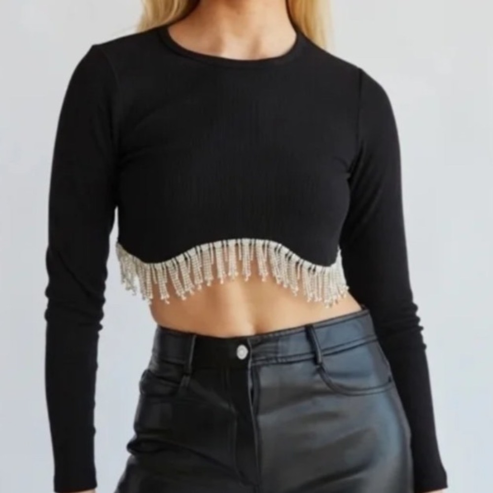 Sincerely Jules Black Ribbed Rhinestone Fringe Scalloped Crop Top Long Sleeve L